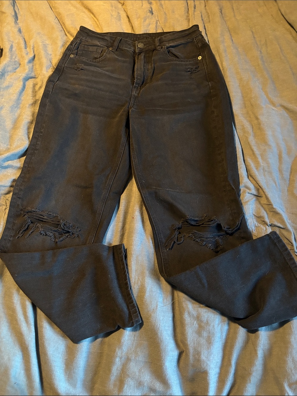 American Eagle Outfitters Black Straight-Leg Distressed Jeans